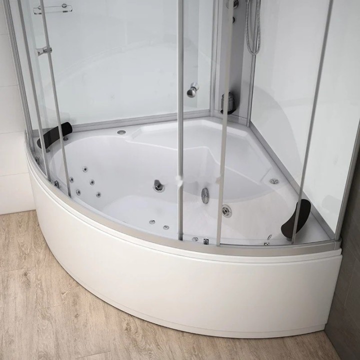 Parní kabina s vanou Modera | 140×140 cm bílé sklo posuvné dveře čtvrtkruhová