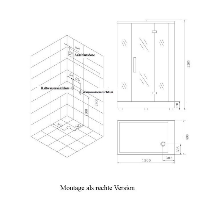 Parní sprchový box EAGO AWT DZ961F8 bílý 150×90 pravé provedení